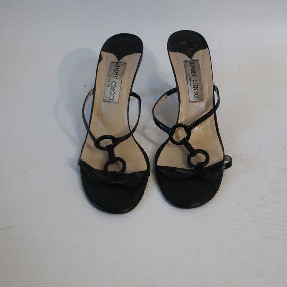 Womens Jimmy Choo Black Leather Strappy Slip-On Heels 37.5 US/7.5 - Picture 4 of 12